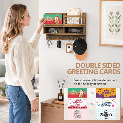 HOMEBROS Key Holder Wall Mount, Wooden Mail and Key Organizer with Chalkboard and Mirror, 3 Greeting Cards, 8 Hooks, Brown