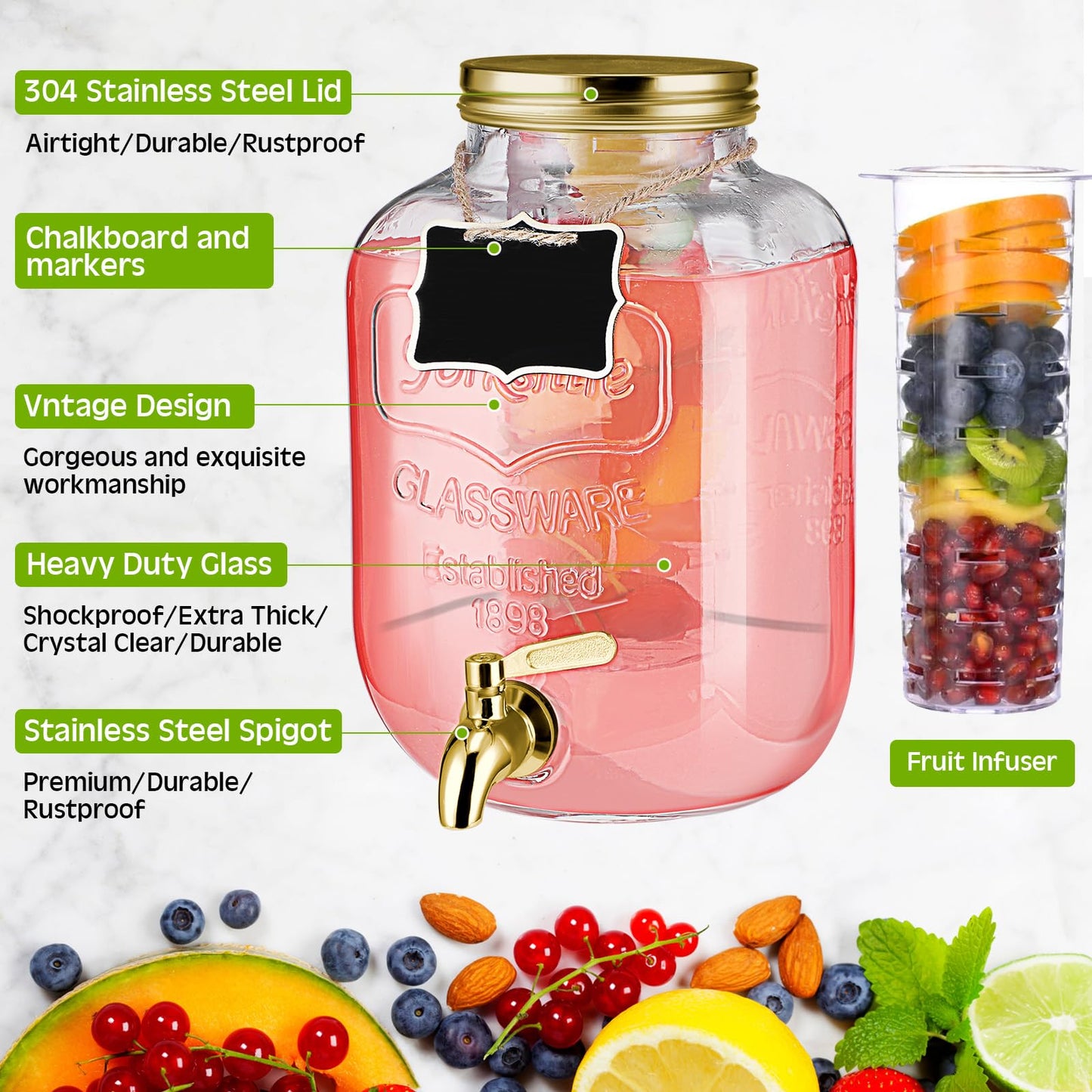 Lallisa 3 Pcs 2 Gallon Glass Drink Dispenser with Stand and Lid Mason Jar Beverage Dispenser with Stainless Steel Spigot, Hanging Chalkboard Signs, (Gold)