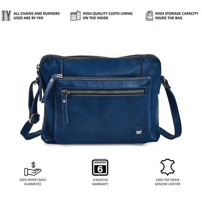 Leather Crossbody Bags for Women Small Soft Genuine Pebbled Sling Shoulder Handbag Crossover Purse with Full Adjustable Strap (Sapphire Blue Nappa)