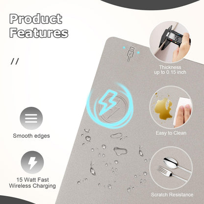 Wireless Charging Mouse Pad Firelison 2 in 1 Leather Multifunctional Office Desk Pad with Non-Slip Rubber Base, Waterproof Desk pad for Computers/Office/Work/Home/Decor（ 36" x 17"Grey - L）