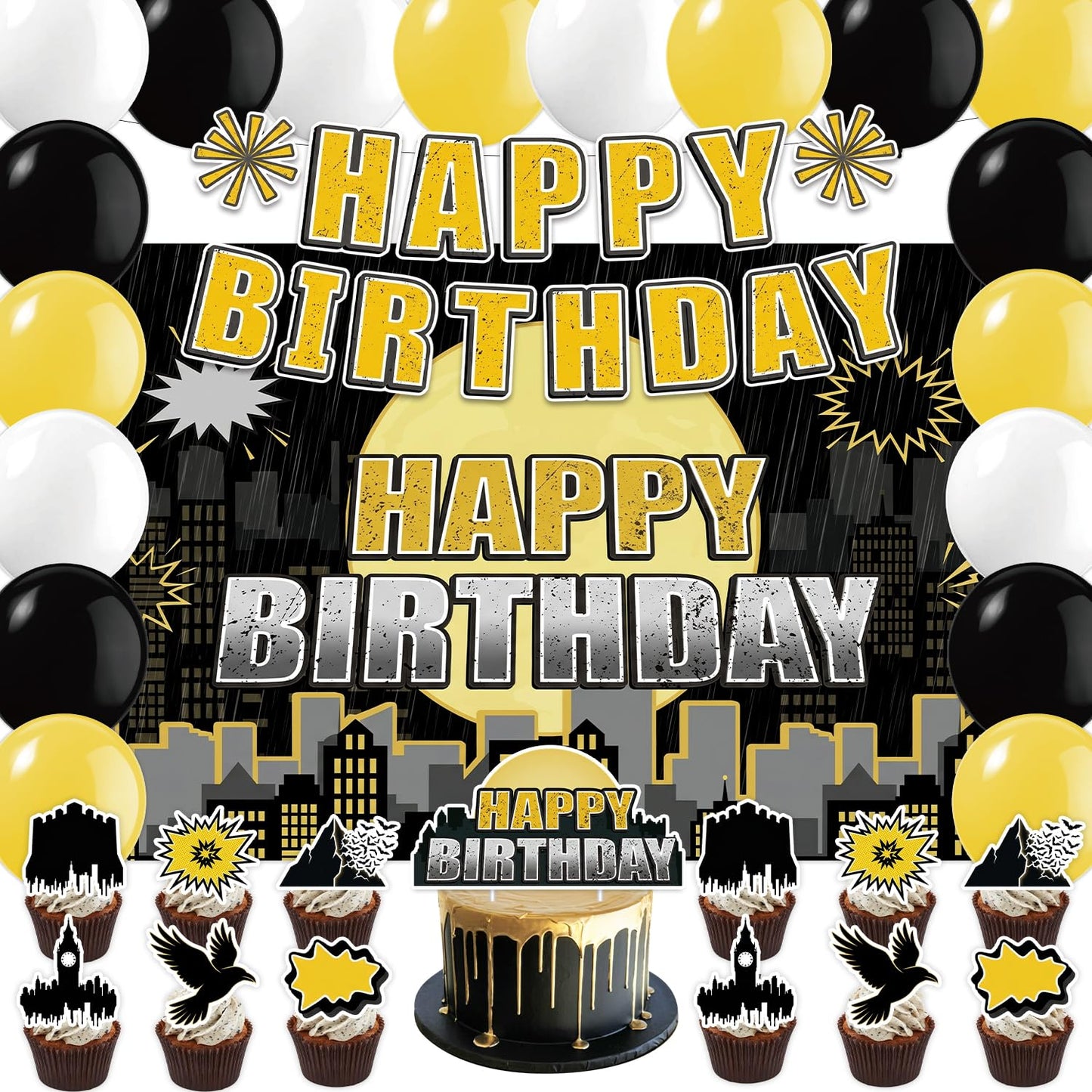 42Pcs Bat Super Theme Hero Party Decorations Including Backdrop,Cake Toppers,Cupcake Toppers,Balloons for Bat Birthday Movie Fans Party Decorations