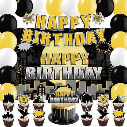 42Pcs Bat Super Theme Hero Party Decorations Including Backdrop,Cake Toppers,Cupcake Toppers,Balloons for Bat Birthday Movie Fans Party Decorations