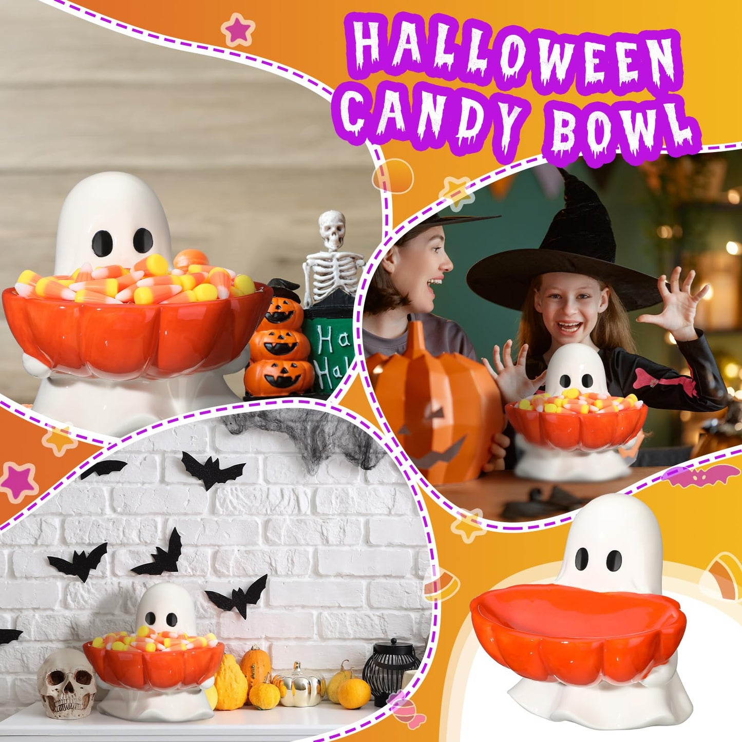 Reallnaive Halloween Candy Bowl Ghost Shaped Ceramic Candy Dish Ghost Serving Tray Cute Halloween Tabletop Decoration Cookie Jar for Party Supply