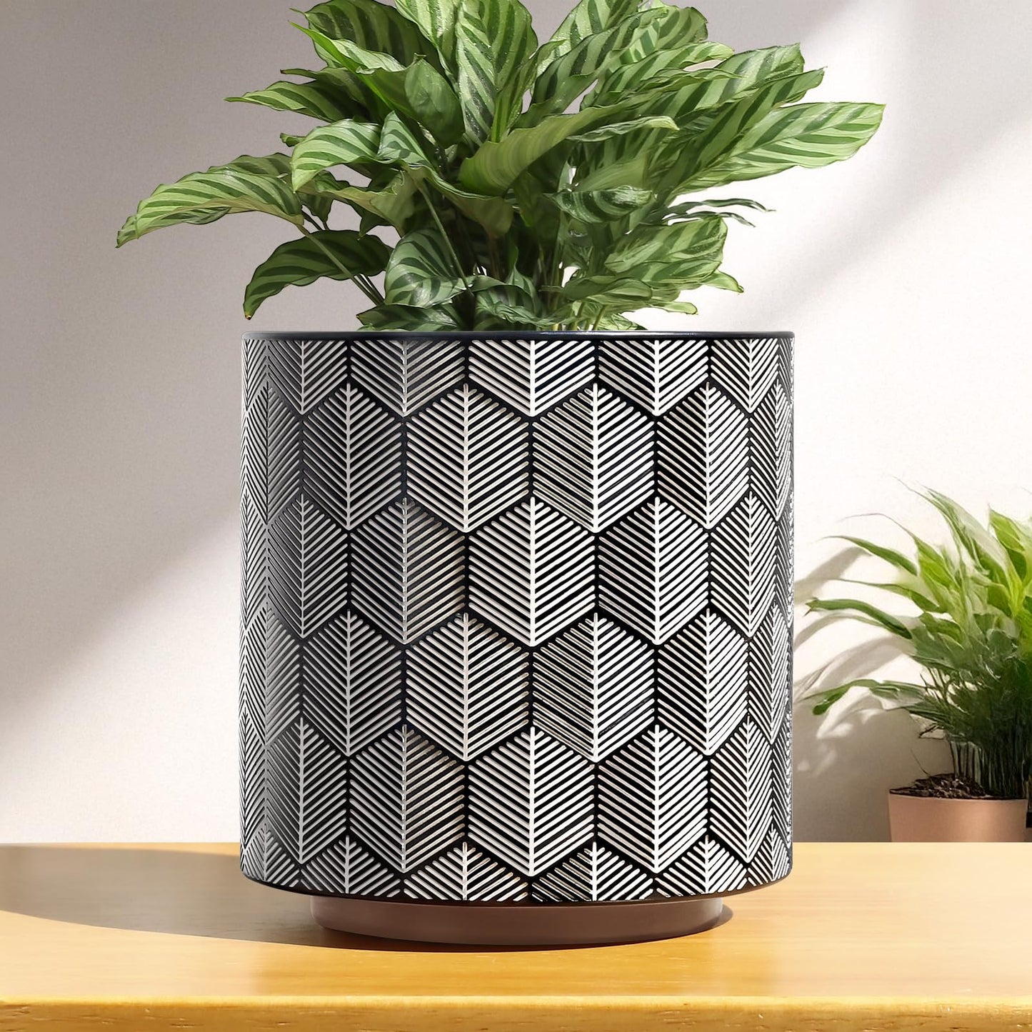 GUGUGO Plant Pots Hexagonal Pattern, Boho Modern Planters for Indoor Plants, Unique Decorative Flower Planter Pot with Drainage, Cute Small Succulent Pots, Eclectic Funky Gardening Pot Gifts, Black