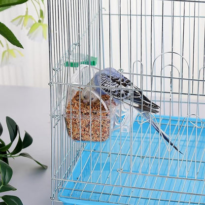 IBWell 2 Pack Clear Water Bowl and Food Container - Bird Cage Feeder With Perch for Parakeets - No Mess Design