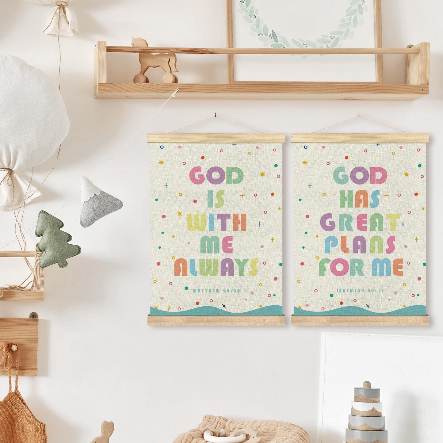 BCUANGD Christian Wall Decor - Scripture Bible Verse Wall Art Poster Hanger with Wood Frames Set of 2, Corlorful Religious Wall Hanging Canvas Decor for Boy Nursery Kids Room, 12x16 Inches