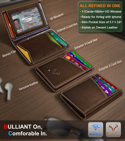 BULLIANT Men Full Grain Wallet,Slim Wallet Magnetic Closure Simplifed Bill Folder RFID Blocking 11Cards