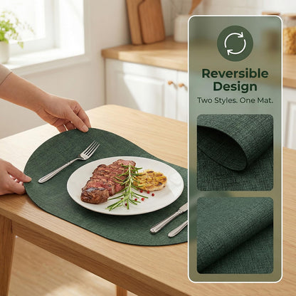 BARTHKIT Placemats Set of 6 - Washable Heat Resistant Table Placemats - Wipeable Faux Leather Oval Place Mats, Waterproof Table Mats for Dining Table, Green