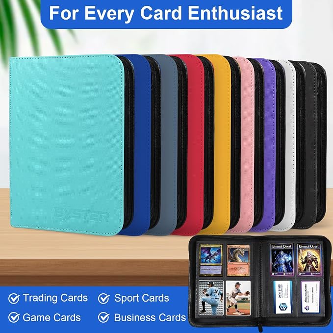 BYSTER 4 Pocket Card Binder, Premium PU Trading Card Binder with Zipper, 160 Capacity Side-Loading Binder for TCG, MTG, Sports Cards, Game Cards, Blue