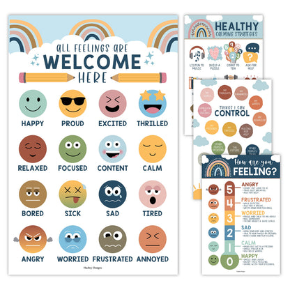 Hadley Designs Feelings Chart for Classroom Must Haves - Emotions Chart for Toddler Calm Down Corner Supplies, Feelings Wheel, Mental Health & Social Emotional Learning Posters, Boho Classroom Decor