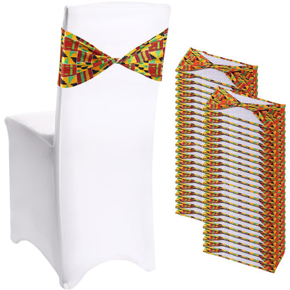 Newwiee 48 Pcs African Kente Chair Sashes Spandex African Kente Chair Covers Animal Print Elastic Chairs Sashes Bow Polyester Bands Ties Without Buckle for Animal Safari Theme Party Birthday Decor