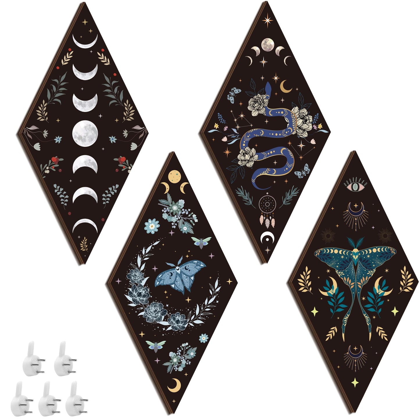 Romart Moon Phase Wall Decor: 4 Pieces Boho Moon Phases Moth Wall Art Wooden Gothic Witchy Hanging Wall Decor Minimalist Wall Pediments for Bedroom Living Room Home Decorations