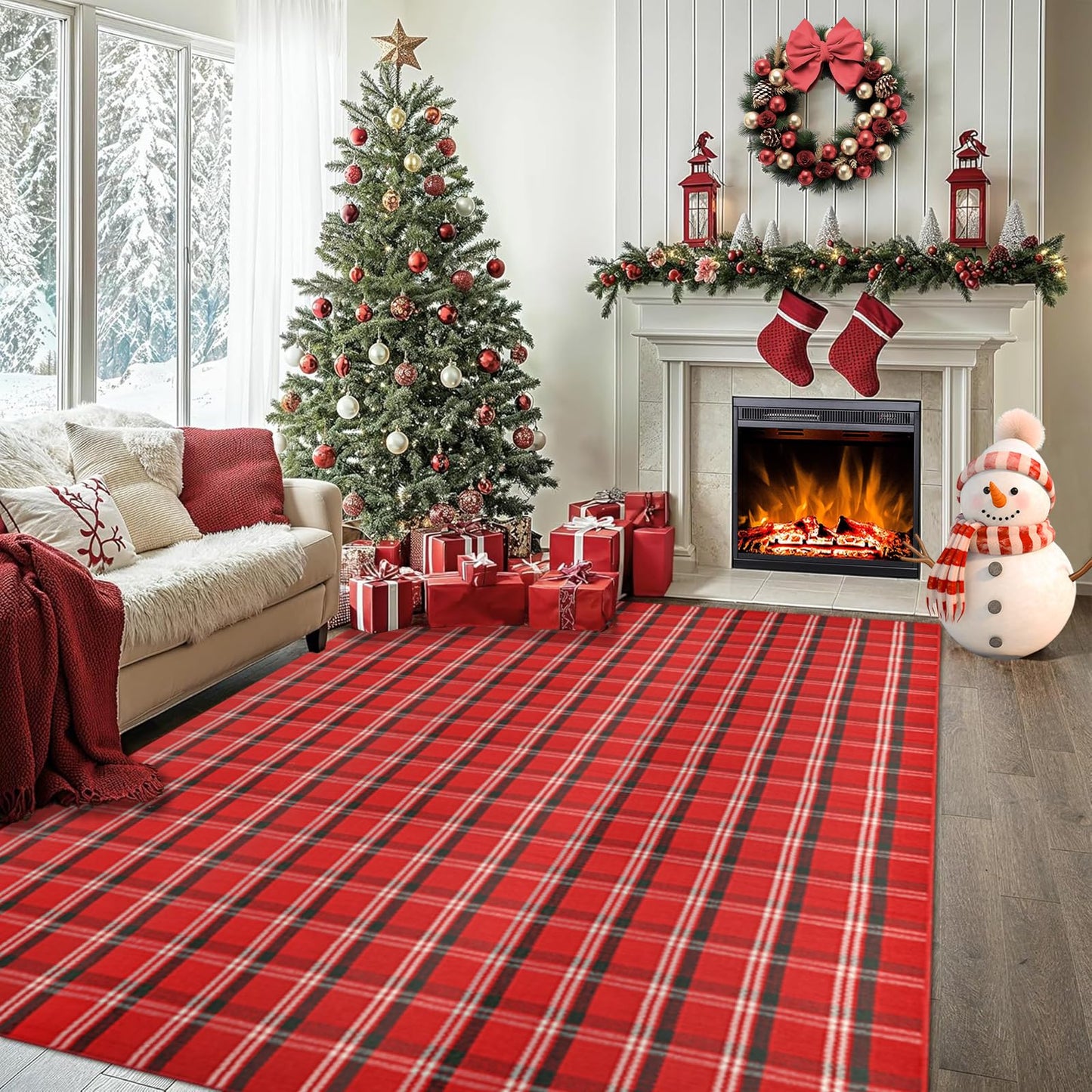 Christmas Red Green White Plaid Rug 8x10 ft, Extra Large Cotton Hand-Woven Buffalo Check Area Rug for Living Room, Bedroom, Patio, Christmas Holiday Farmhouse Decor, Washable Outdoor Indoor Carpet