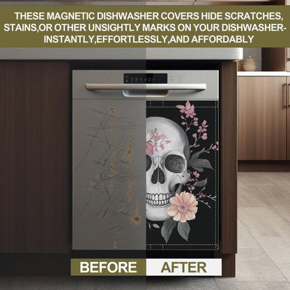 Skull Dishwasher Magnets Decorative Cover,Flowers Magnet Fridge Panel Decal for Home Kitchen Decor,23x26 in