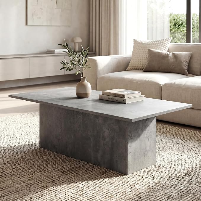 HNY Modern Rectangular Coffee Table Grey Large Center Table 47" Wooden Tea Table Concrete Texture Finish for Living Room, Reception Room, Home Office,Industrial Minimalist