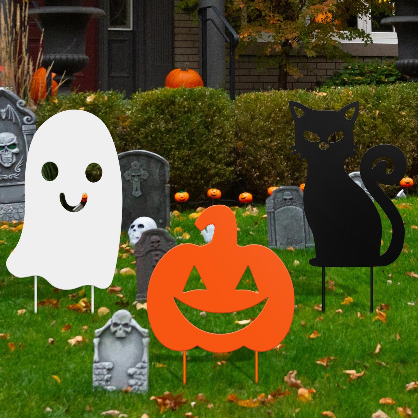 Lingvee 3 Pack Halloween Decorations Outdoor Metal Halloween Garden Stakes Metal Ghost Pumpkins Black Cat Yard Signs Decor for Outside Garden Lawn Porch Patio Party Decorations(Mixed Style)