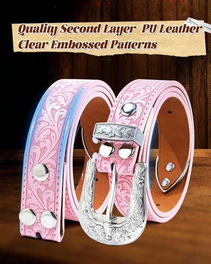 Kajeer Kids Western Belt for Boy,Cowboy Leather Belt Vintage Engraved Embossed Buckle Western Belts for Jeans Gifts