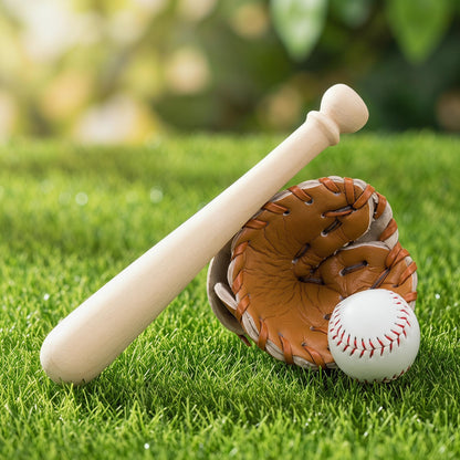 Toyvian Miniature Baseball Bat: Baseball Cake Topper, Light Brown Mini Dollhouse Glove and Ball Set Decorations - Wooden & Leather Cake Topper for Kids Mini House Party Favors(2.95X0.39X0.39in)