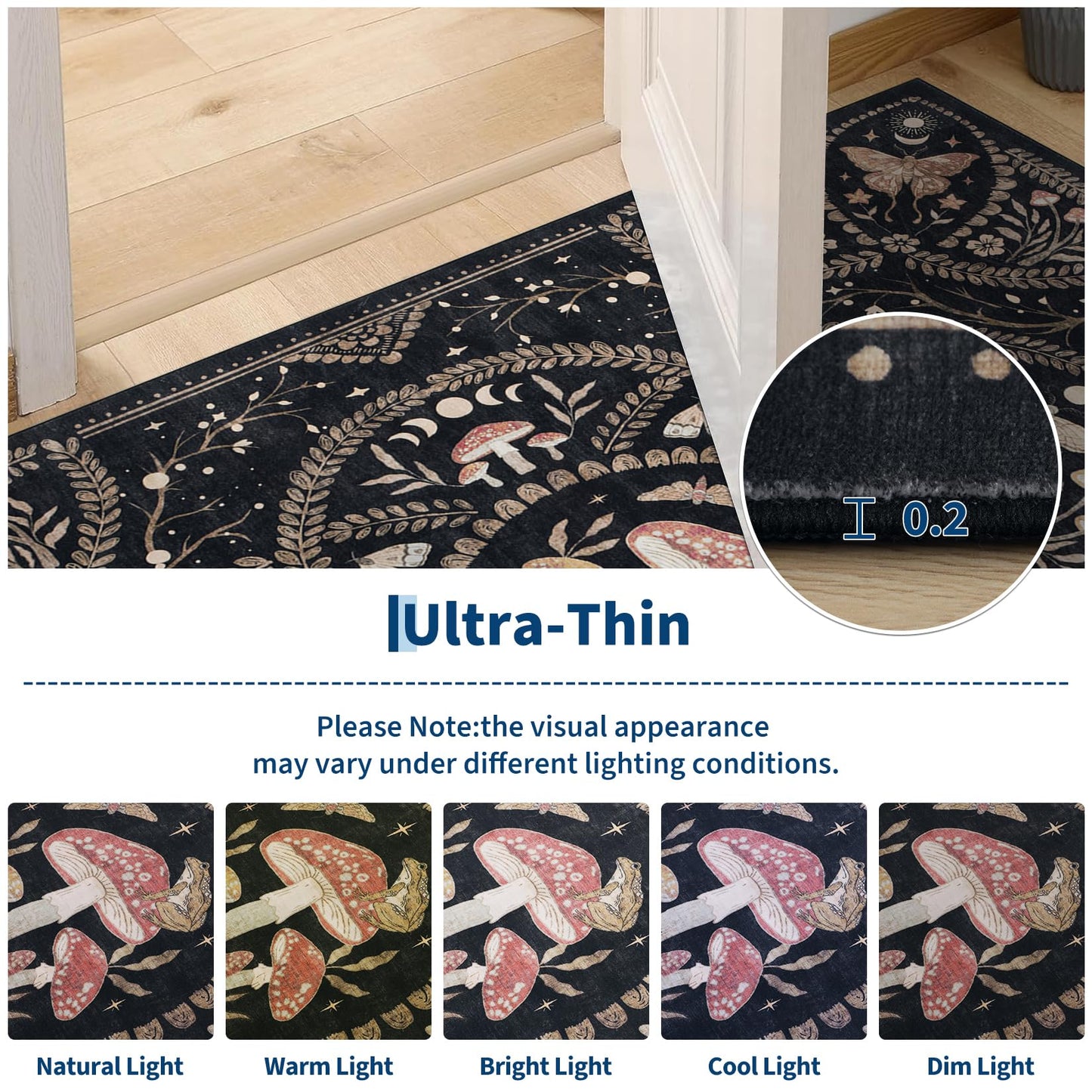 Garvee Mushroom 9x12 Area Rugs for Living Room, Dark Academia Gothic Rug, Non Slip Animal Print Washable Rugs 9x12 Low Pile Bedroom Decor Bug Carpet with Rubber for Dining Room Playroom Office, Black
