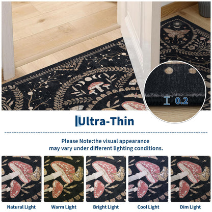 Garvee Mushroom 9x12 Area Rugs for Living Room, Dark Academia Gothic Rug, Non Slip Animal Print Washable Rugs 9x12 Low Pile Bedroom Decor Bug Carpet with Rubber for Dining Room Playroom Office, Black