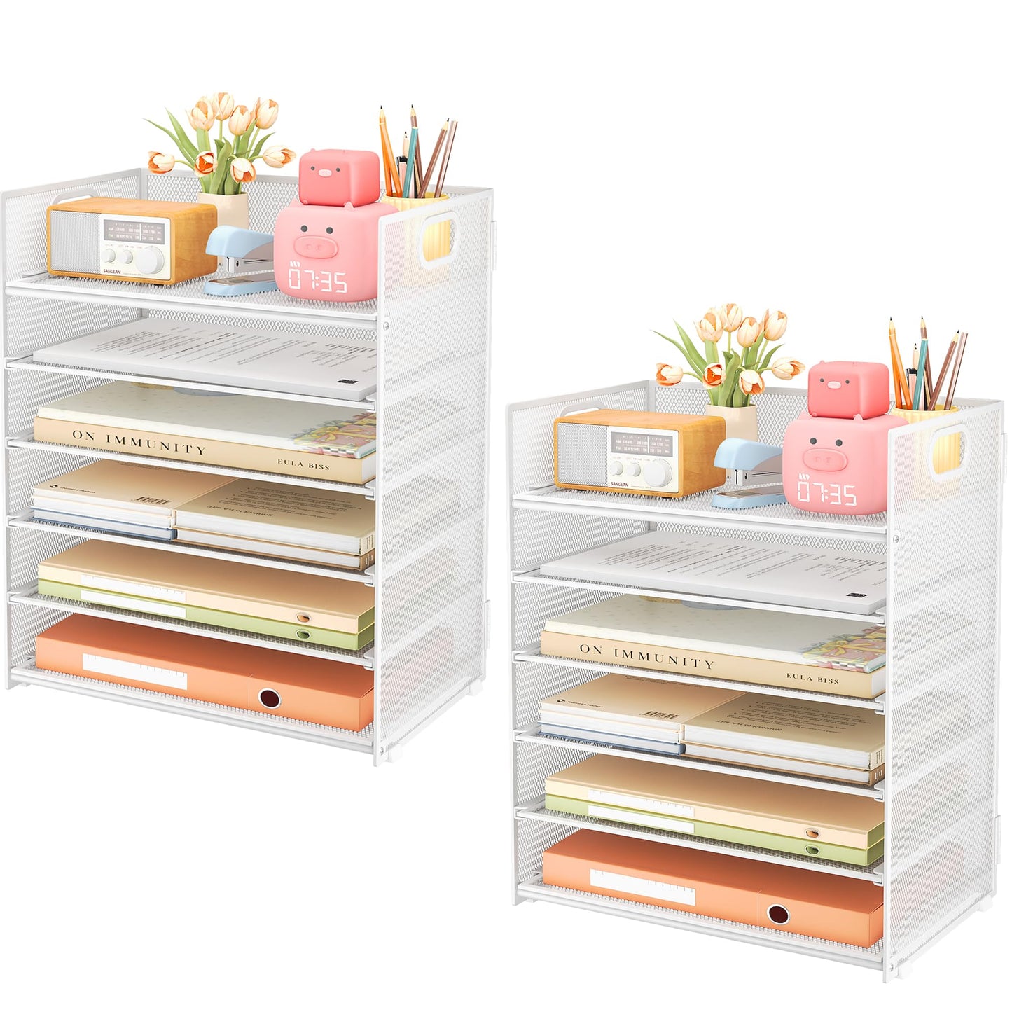 Subekyu 6-Tier Desk Paper Organizer, Desktop File Letter Tray with Handle, Document Sorter and Accessories Holder for Office, Home and School Workspace Organizers, White - 2 Pack
