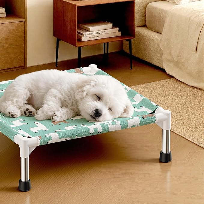 Cute Alpaca Print Elevated Dog Bed - Portable Cooling Pet Cot for Small Dogs - Breathable Thickened Fabric Hammock, Crate Compatible, Indoor & Outdoor Use