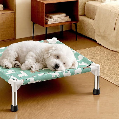Cute Alpaca Print Elevated Dog Bed - Portable Cooling Pet Cot for Small Dogs - Breathable Thickened Fabric Hammock, Crate Compatible, Indoor & Outdoor Use