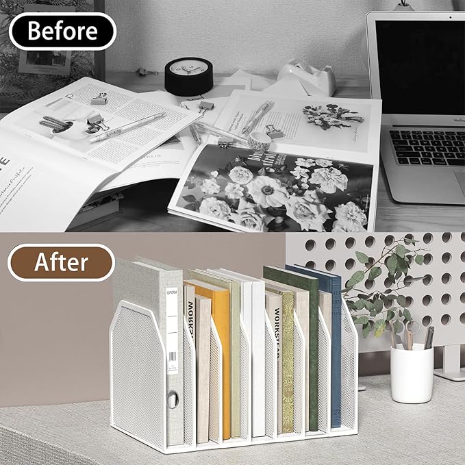 FANXIYQ Metal 7 Section File Folder Organizer for Desk | Vertical Office File Holder | Heavy-Duty Mesh Document Sorter for Books, Binders, Laptops | Desk Organizer,7 Sections White