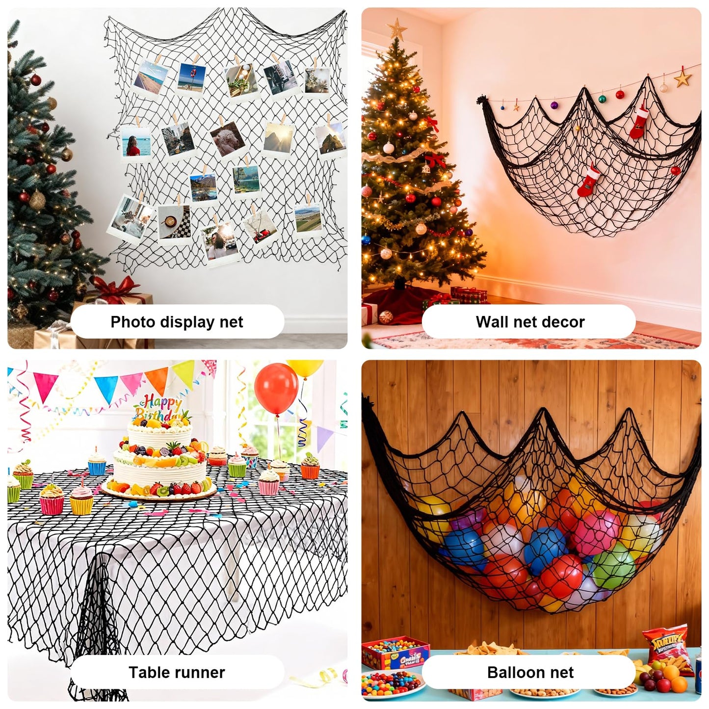 10x5 Feet X-Large Fish Net Decorations for Party - 2 Pack Black Fishing Net Decor for Halloween Gothic Pirate Party, 3mm Cotton Decorative Netting Table Runner Photo Display Backdrop Wall Decor