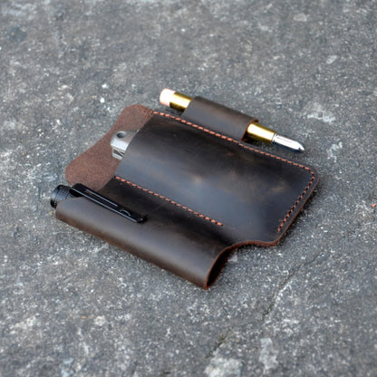 YIYUS Genuine Leather Multitool Sheath Organizer, Leather EDC Pouch for Men, Belt Holder Mini Leather Pocket, Flashlight Holder, Pen Holder, Sheath Holster Darkbrown