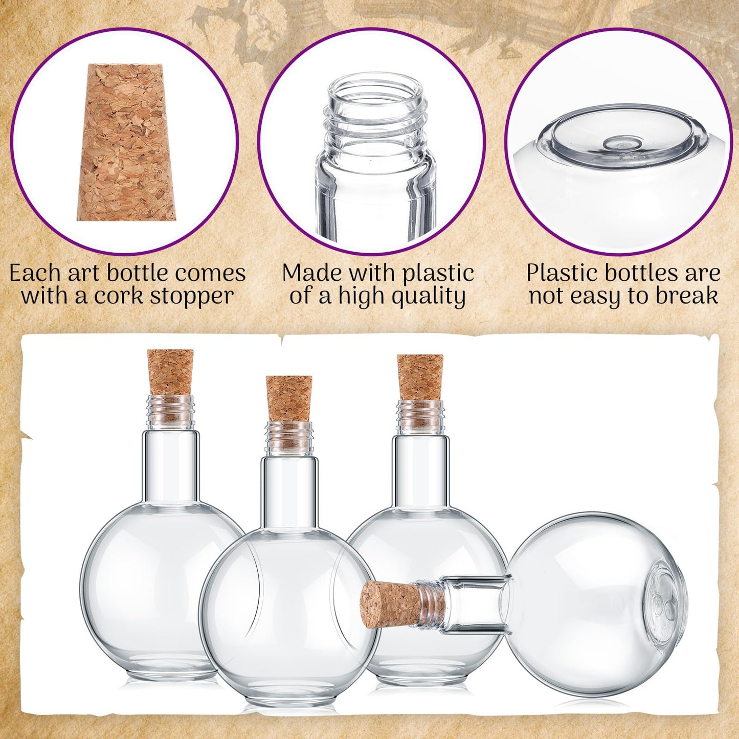 Baderke Plastic Potion Bottles with Cork 8 oz Sand Art Ball Shape Bottles with Funnels Spherical Decorative Candy Jar for Cocktail Witch Costume Props Party DIY Crafts(10 Sets)
