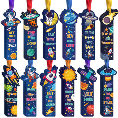 120 Pcs Space Bookmarks Bulk Planet Rocket Space Ship Theme Bookmarks Outer Space Inspirational Quotes Cards Valentines Gifts for Classroom Office Birthday Party Prizes Favors