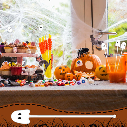 SiliFine 100 Pcs Halloween Swizzle Sticks Plastic Coffee and Cocktail Stirrers Halloween Drink Stirrers Reusable Cocktail Sticks for Thanksgiving Fall Party Tea Coffee Bar decoration(Ghost)