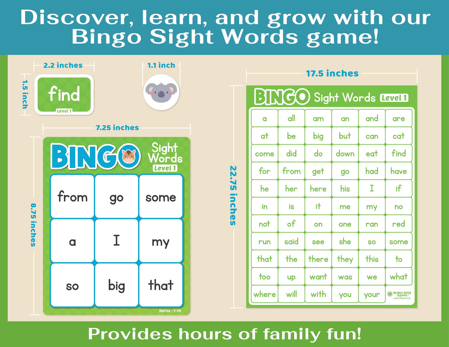 Bright Seed Sight Words Bingo Game for Kindergarten, Learn to Read Sight Word Cards, Word Games for Kids Ages 4-8, Bingo Sight Words Level 1&2, Laminated for Easy Clean