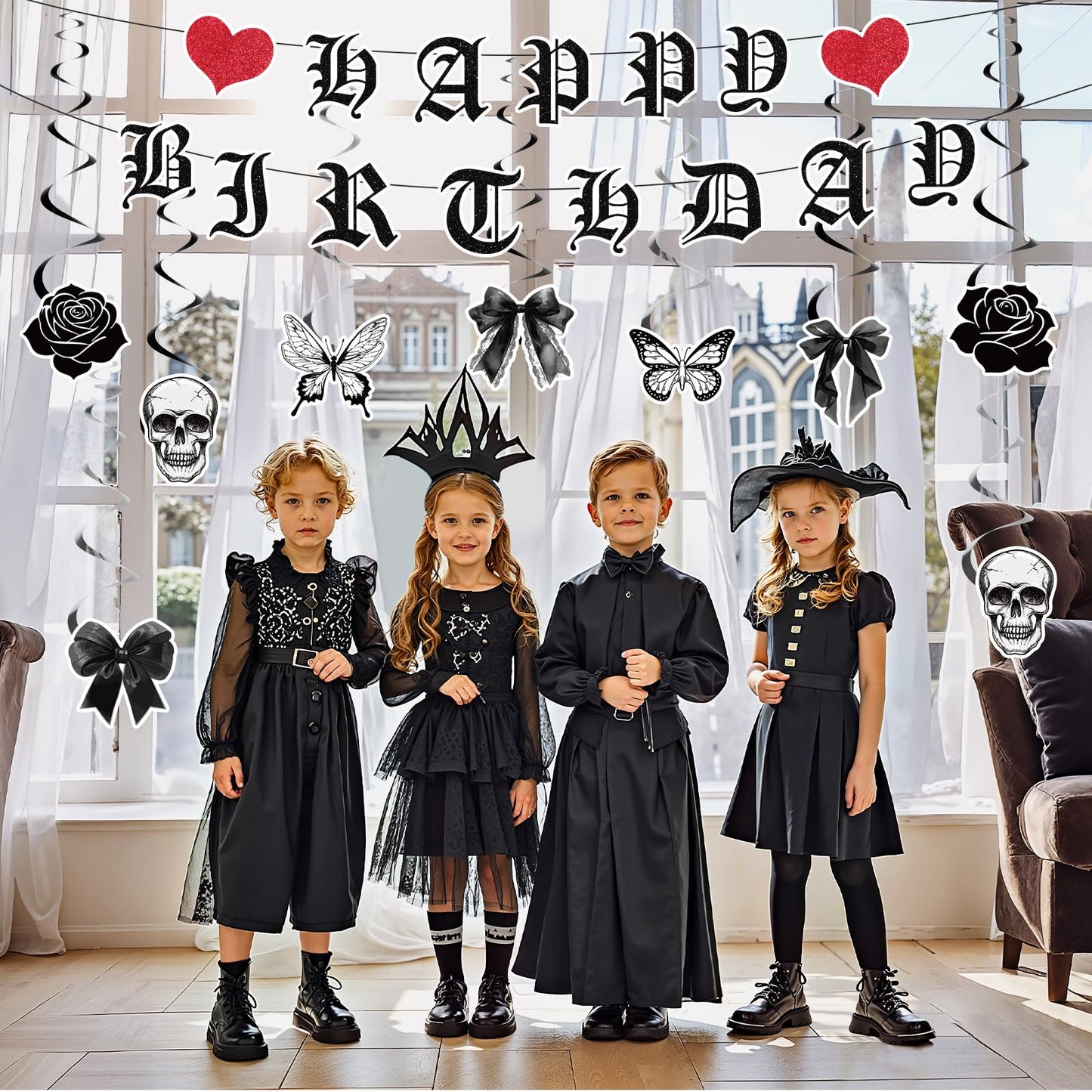 11pcs Gothic Birthday Party Decorations Banner Skull Black Bow Birthday Banner Decorations Hanging Swirls for Death wo My Twenties Rip to My 20s Emo Spooky Halloween Goth Birth day Party Supplies