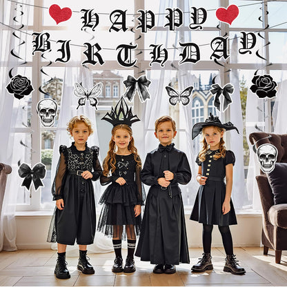 11pcs Gothic Birthday Party Decorations Banner Skull Black Bow Birthday Banner Decorations Hanging Swirls for Death wo My Twenties Rip to My 20s Emo Spooky Halloween Goth Birth day Party Supplies