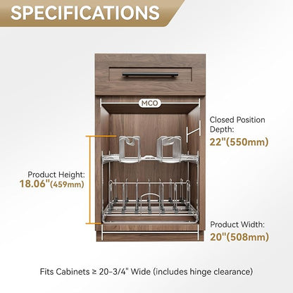 2-Tier Kitchen Pull out Cabinet Organizer for Pots, Pans, and Lid Cookware, Adjustable Heavy Duty Wire Pan and Pot Rack, Full-Extension Rail 21" W *22" D