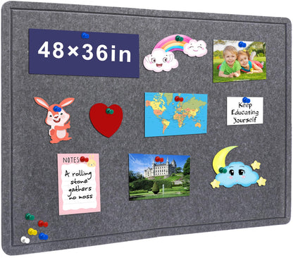 Large Bulletin Board, 48 X 36 inches Cork Board with 30 Pushpin, 4' x 3' Felt Cork Board Notice Pin Board, Self-Adhesive Vision Board Mood Board Foldable Photo Board for Wall - Dark Gray