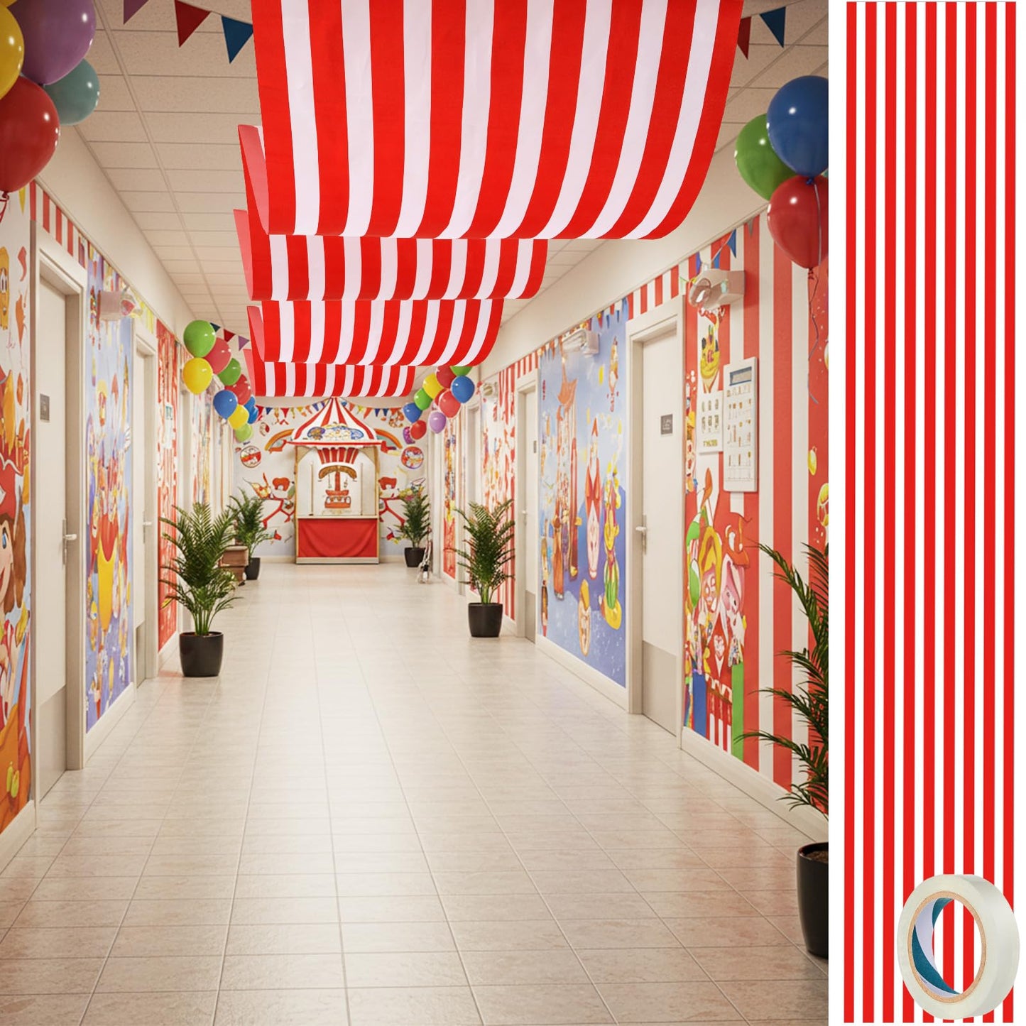 HunnmingRe 1 Pack Circus Halloween Decorations 32 Inch x 16 ft Red and White Hanging Banner with Tape Ceiling Decor for Carnival Birthday Classroom Circus Theme Party Decorations