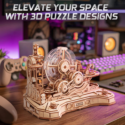 ROKR 3D Wooden Puzzles for Adults Miniature Marble Run Building Toys,DIY Pinball Machine Model Kits-Gear Ball Challenge EGC01
