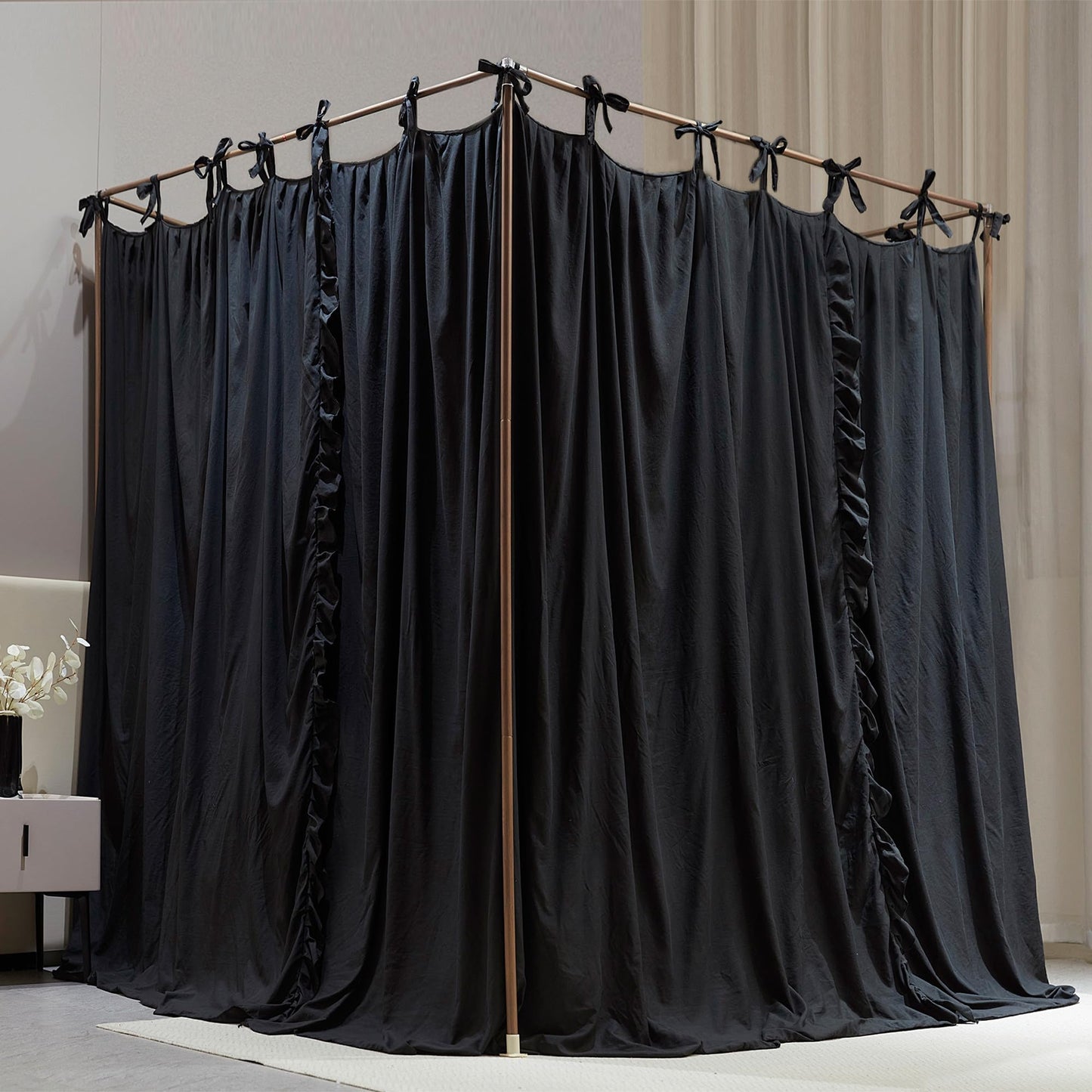 AIOOO 4 Corners Post Princess Curtain Bed Canopy Double Layer Cozy Mosquito Net Mesh and Cloth for Girls Adults Bedroom Decoration (Double-Black/Black, 53" W*78" L*82"*H/(Full))