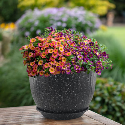 GDJUQZ 12/10/9 inch Plant Pots, 3 Pack Flower Pots for Outdoor Indoor Garden Plants, Large Planters with Multi Mesh Drainage Holes and Saucer (Speckled Black, 12"+10"+9")