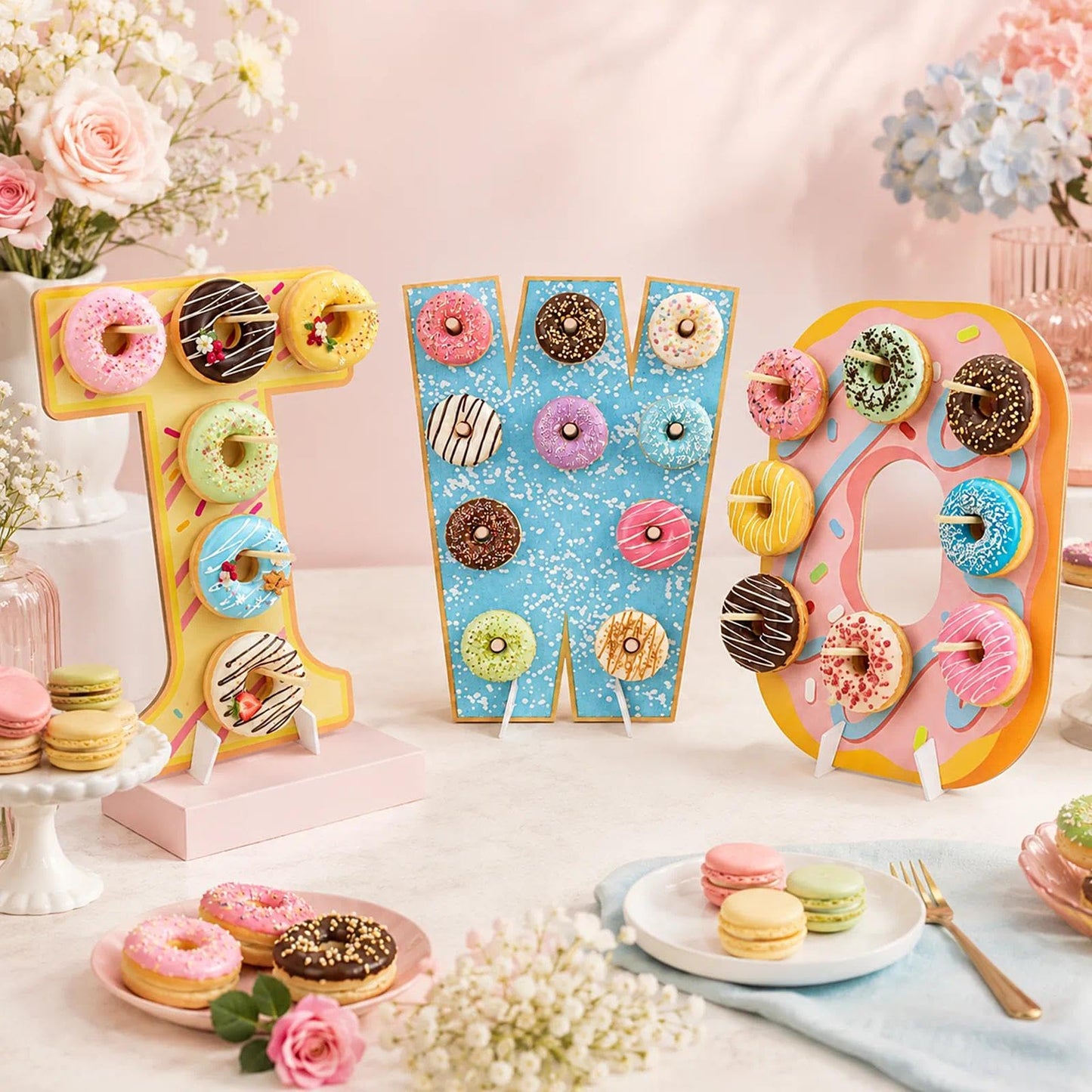 Prospura 3 Pack Donut Wall Display Stand, Two Sweet Theme Donut Board for Dessert Table,Wooden Decorative Doughnut and Bagel Holder for 2nd Anniversary Birthday Party Wedding