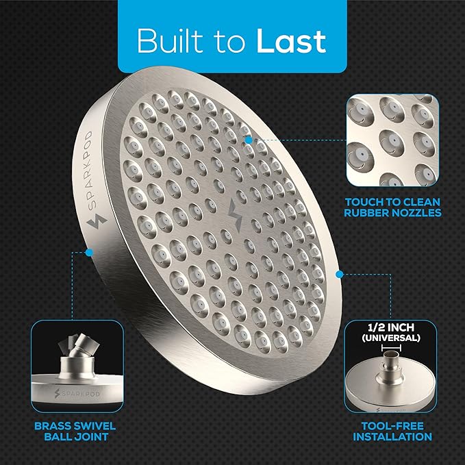 SparkPod Rain Shower Head, 6 Inch Round | High Pressure Shower Heads, 90 Nozzle (Touch-to-Clean), Adjustable Showerhead, No-tool Universal Connection