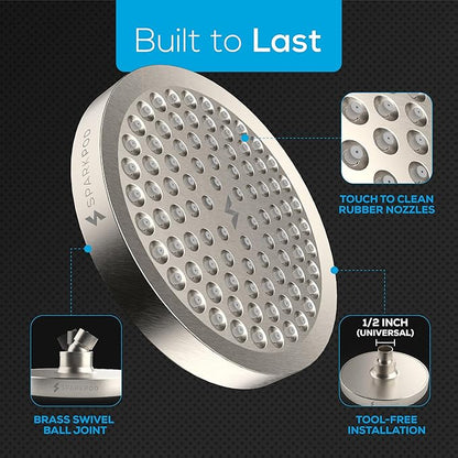 SparkPod Rain Shower Head, 6 Inch Round | High Pressure Shower Heads, 90 Nozzle (Touch-to-Clean), Adjustable Showerhead, No-tool Universal Connection