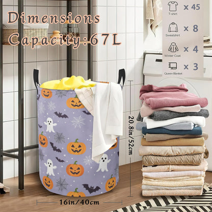 Halloween Ghosts Laundry Hamper with Handles,Pumpkins Bats Collapsible Waterproof Storage Basket for Dirty Clothes Books Round Organizer Bin for Bathroom Bedroom College Dorms 16" x 20.8"