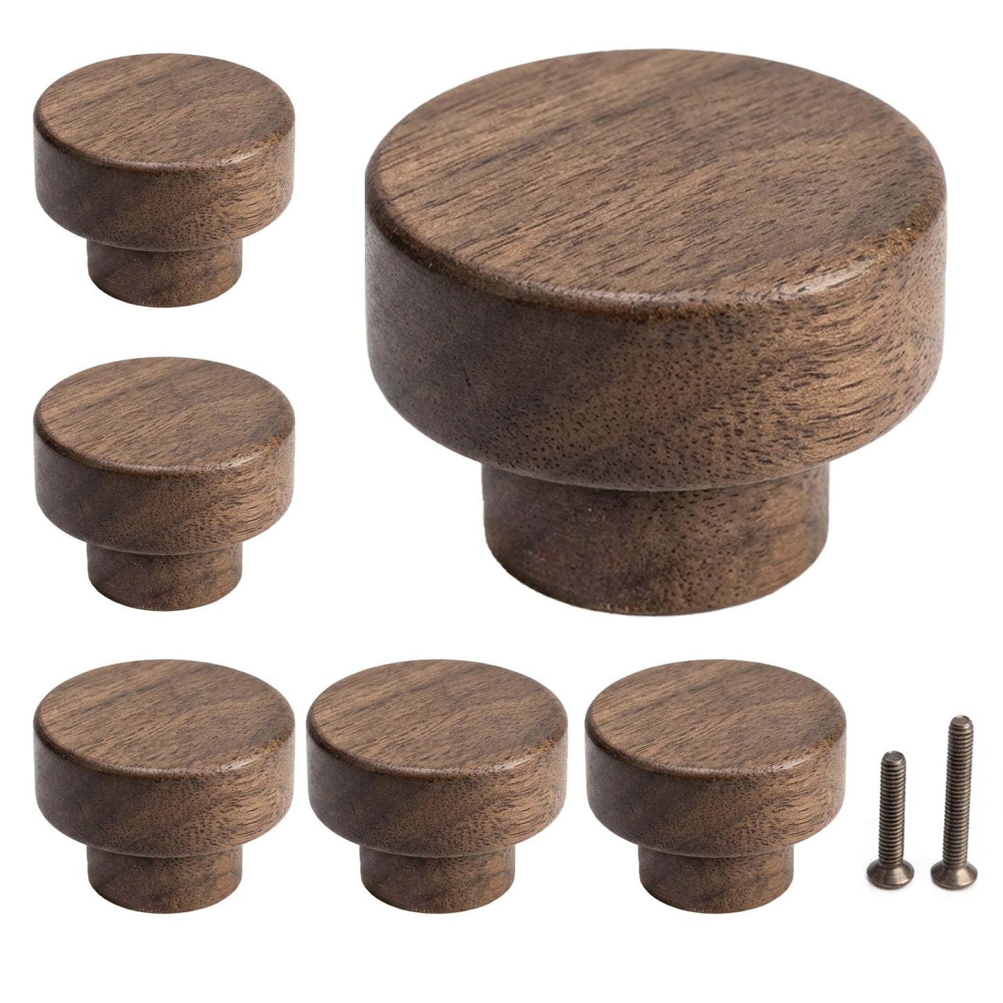 EasTeebw Mid Century Modern Walnut Mushroom Knobs for Cabinet,Drawer,Dresser and Closet Doors.Round Vintage Brown Wooden Crafts Furniture Knobs,Pulls and Handles (1.38‘’ Round Knobs, 6)