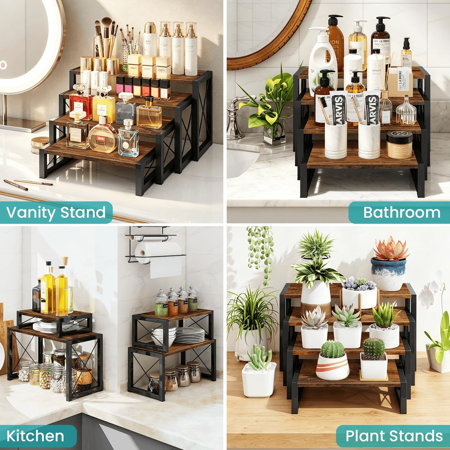 ELITEROO Wood Risers Display Stands Set of 4, Wooden 4 Tier Cupcake Stand, Tiered Riser for Vendors, Decorative Display Risers for Food Desserts Buffet Table at Party Wedding, Rustic Brown