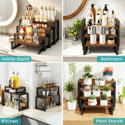 ELITEROO Wood Risers Display Stands Set of 4, Wooden 4 Tier Cupcake Stand, Tiered Riser for Vendors, Decorative Display Risers for Food Desserts Buffet Table at Party Wedding, Rustic Brown