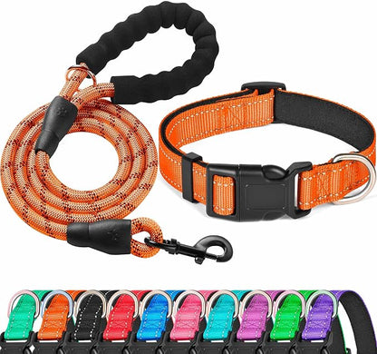 Ladoogo Reflective Dog Collar Padded with Soft Neoprene Breathable Adjustable Nylon Dog Collars for Small Medium Large Dogs (Small (Pack of 1), Orange Collar+Leash)